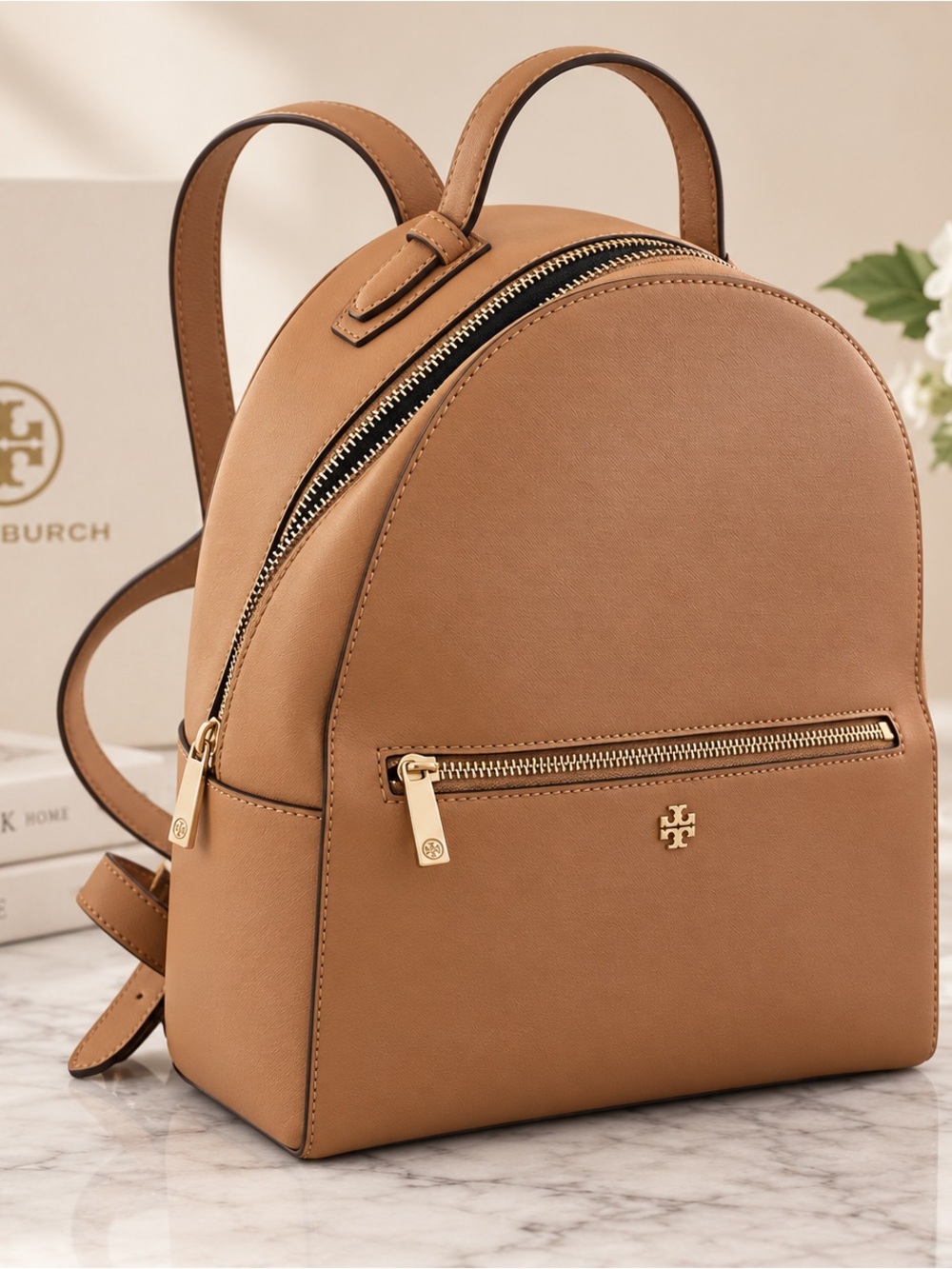 Tory Burch Cognac Leather Mini Backpack with Gold Hardware